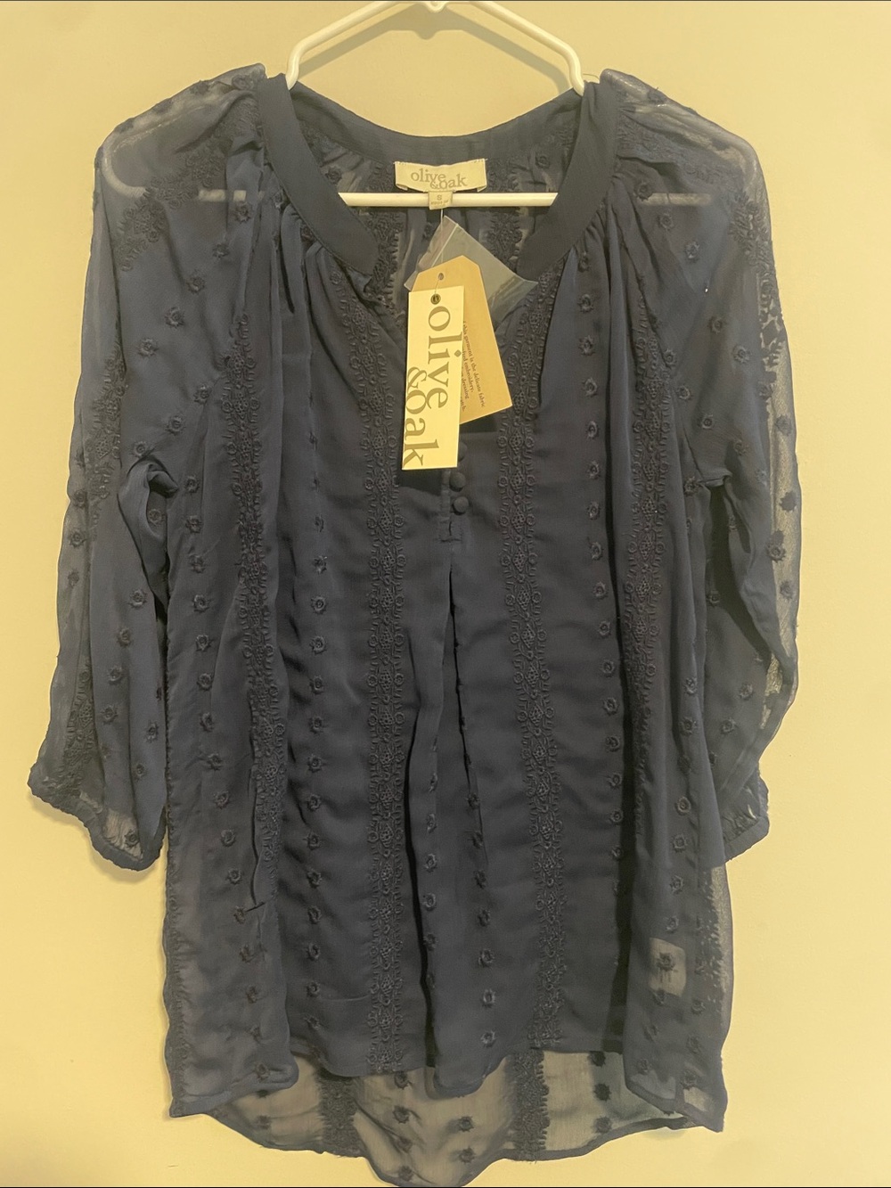 Olive & Oak Navy Sheer Embroidered Peasant Top